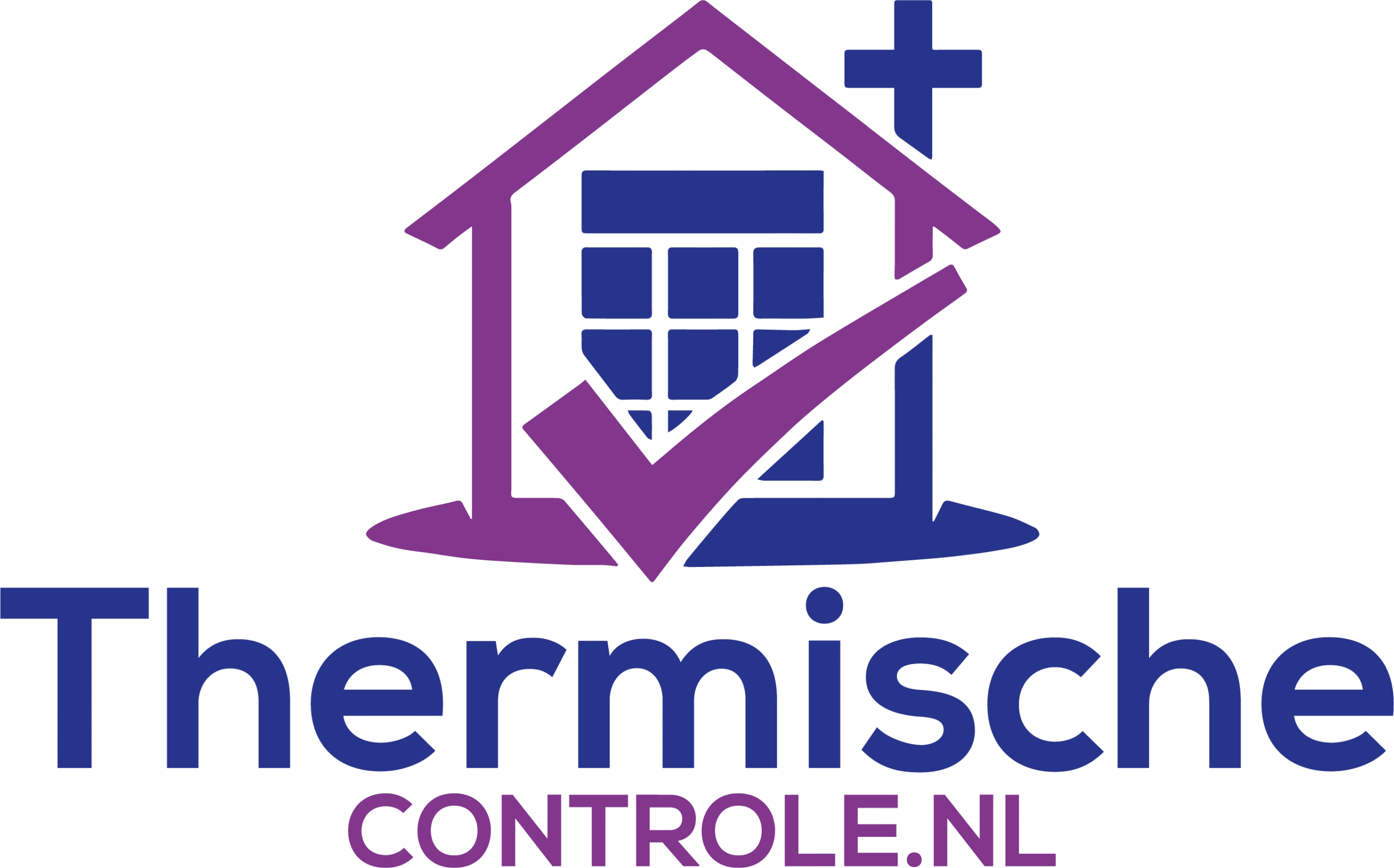 Logo van Thermische Controle met een paarse huisvorm, een blauw gebouw op de achtergrond en een paarse checkmark eroverheen.